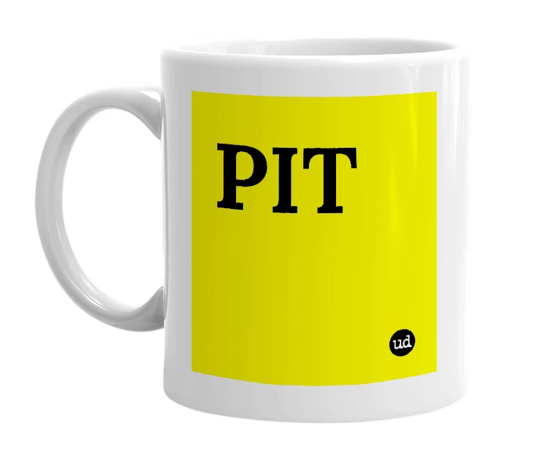 White mug with 'PIT' in bold black letters
