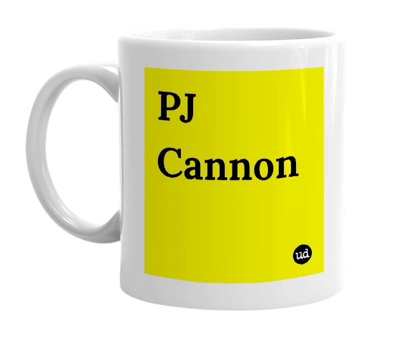White mug with 'PJ Cannon' in bold black letters