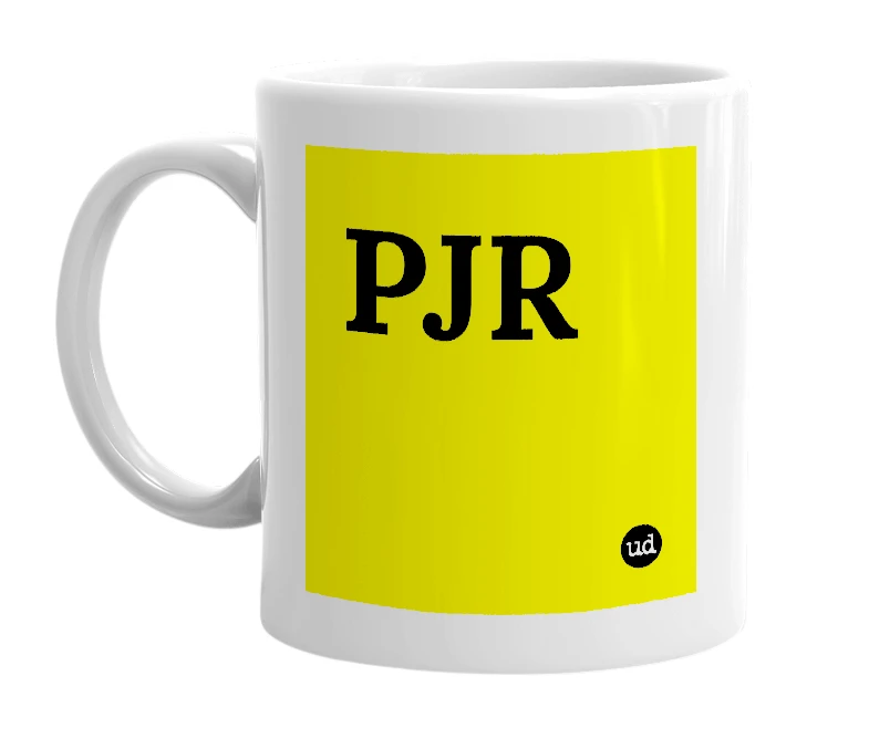 White mug with 'PJR' in bold black letters