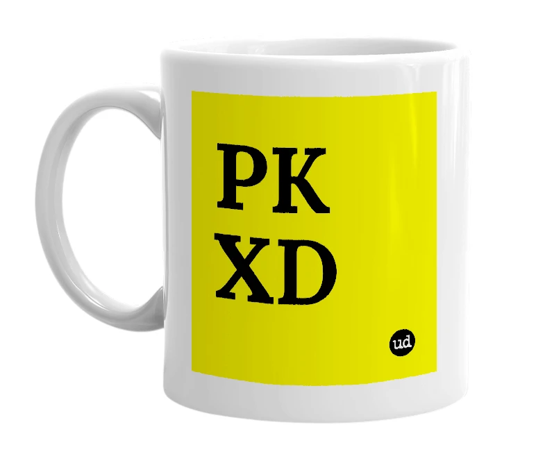White mug with 'PK XD' in bold black letters