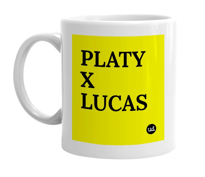 White mug with 'PLATY X LUCAS' in bold black letters