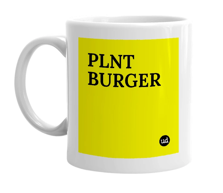 White mug with 'PLNT BURGER' in bold black letters