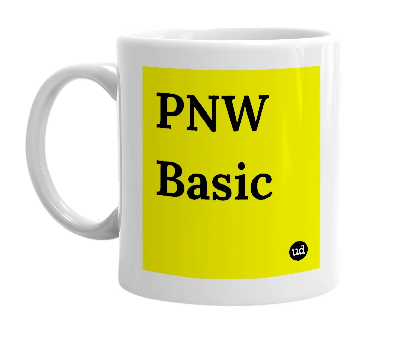 White mug with 'PNW Basic' in bold black letters