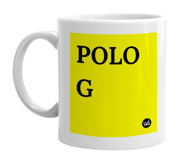 White mug with 'POLO G' in bold black letters