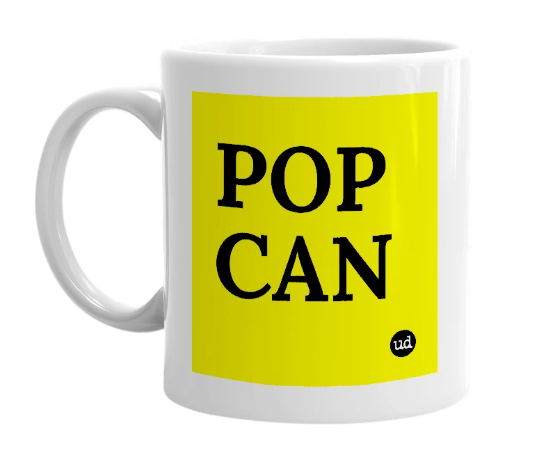 White mug with 'POP CAN' in bold black letters