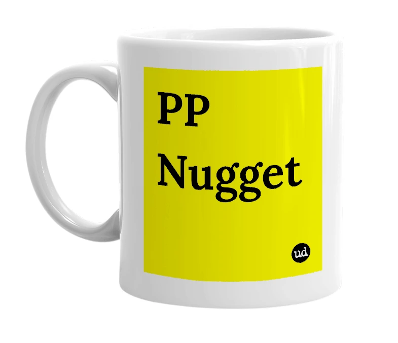 White mug with 'PP Nugget' in bold black letters