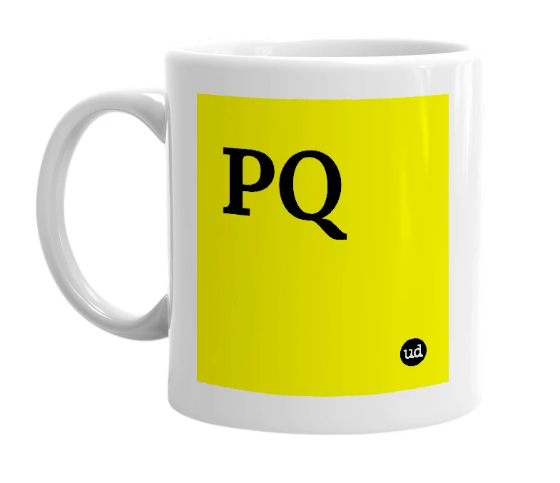 White mug with 'PQ' in bold black letters