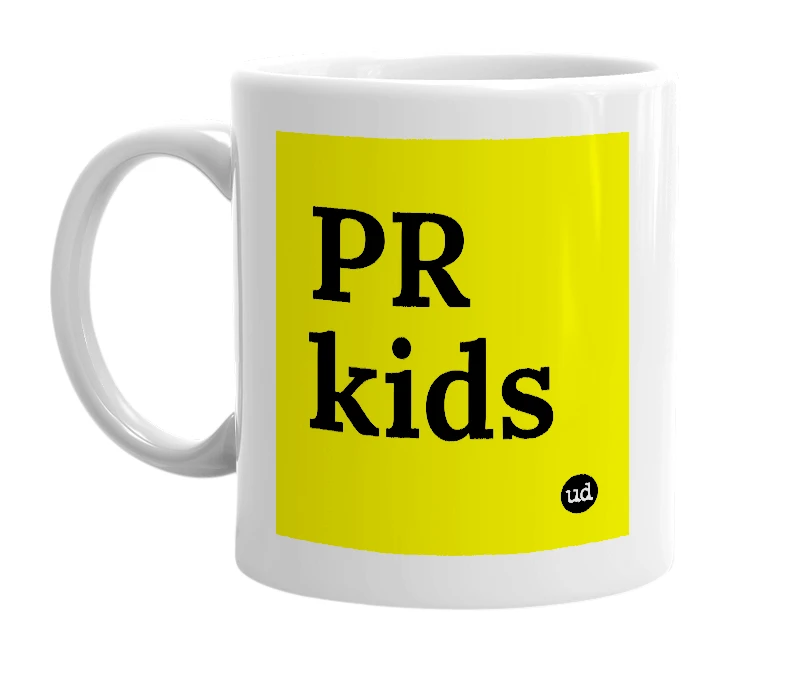 White mug with 'PR kids' in bold black letters