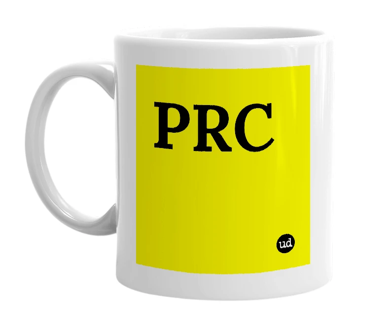 White mug with 'PRC' in bold black letters