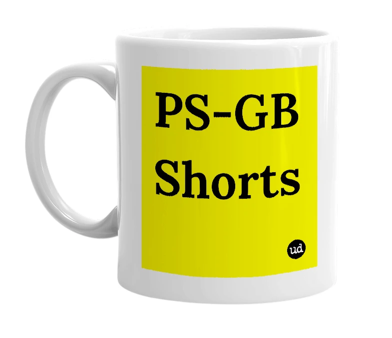 White mug with 'PS-GB Shorts' in bold black letters