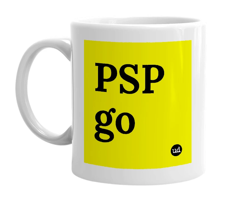 White mug with 'PSP go' in bold black letters