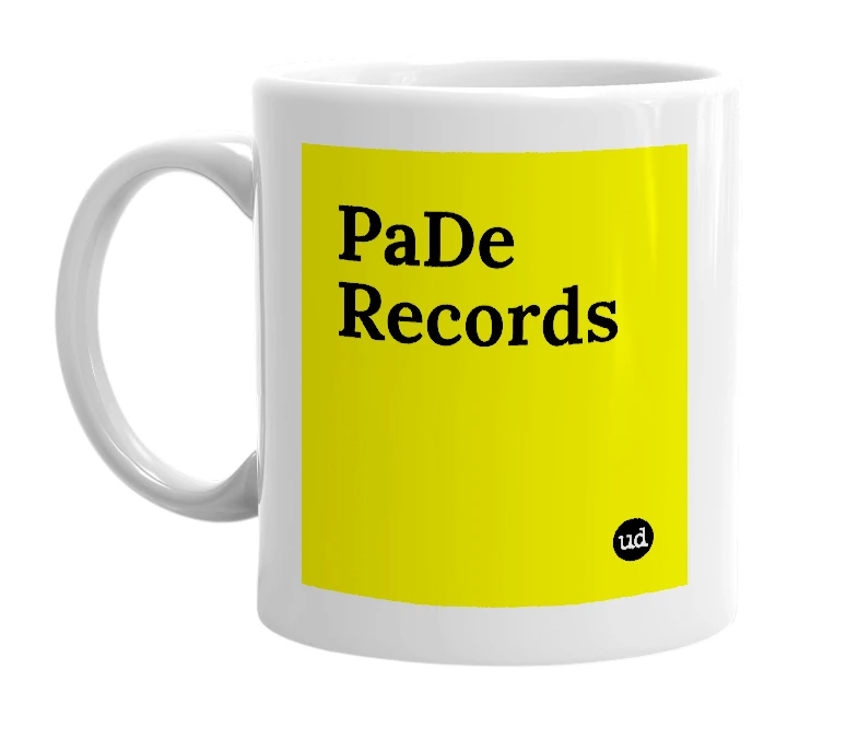 White mug with 'PaDe Records' in bold black letters