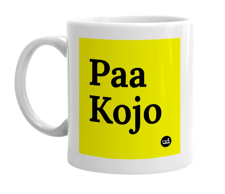 White mug with 'Paa Kojo' in bold black letters