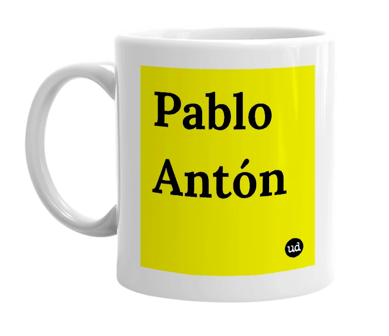White mug with 'Pablo Antón' in bold black letters