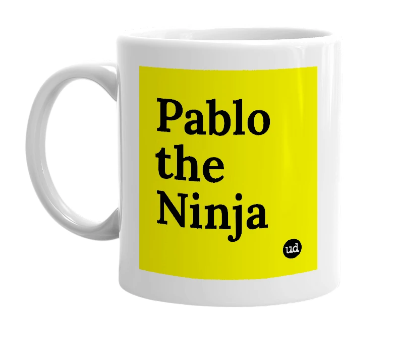 White mug with 'Pablo the Ninja' in bold black letters