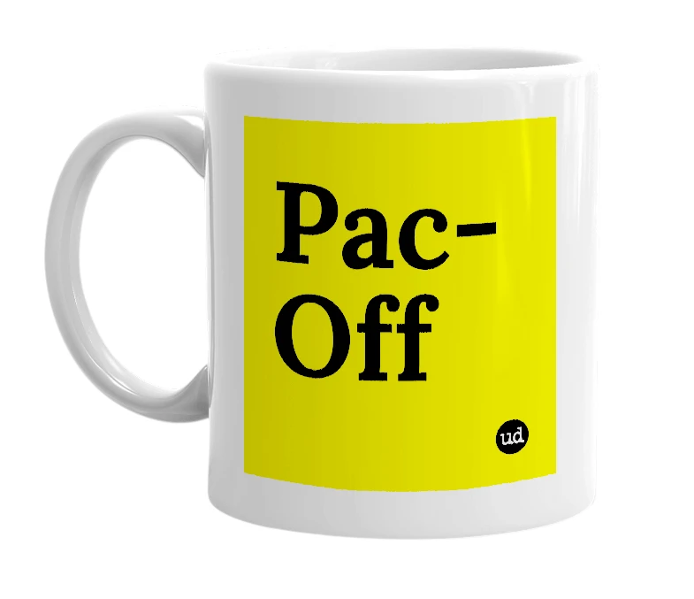 White mug with 'Pac-Off' in bold black letters