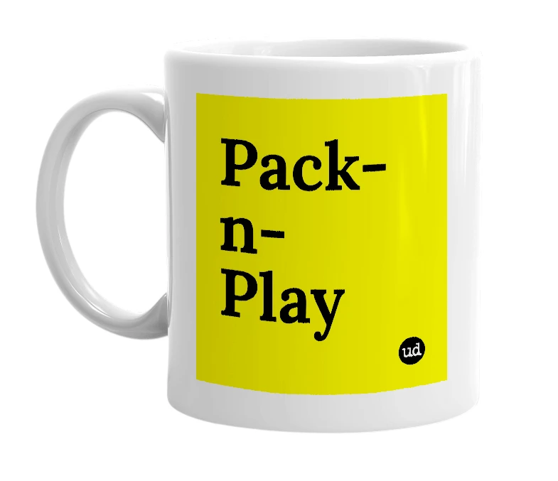 White mug with 'Pack-n-Play' in bold black letters