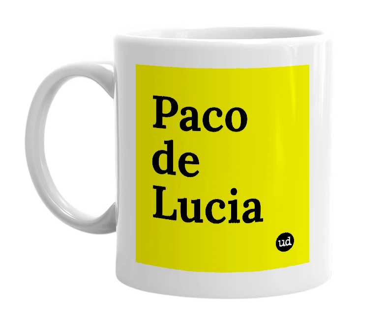 White mug with 'Paco de Lucia' in bold black letters