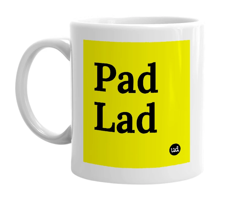 White mug with 'Pad Lad' in bold black letters