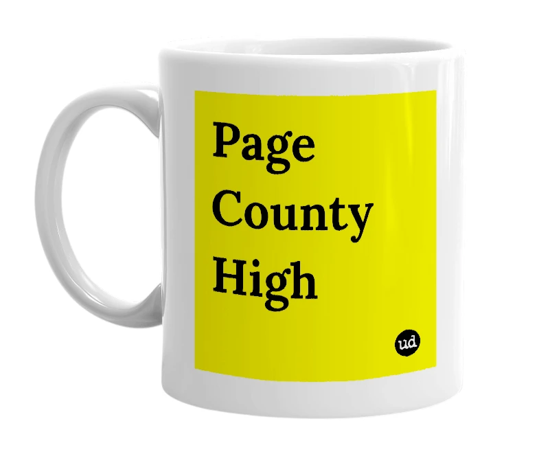 White mug with 'Page County High' in bold black letters