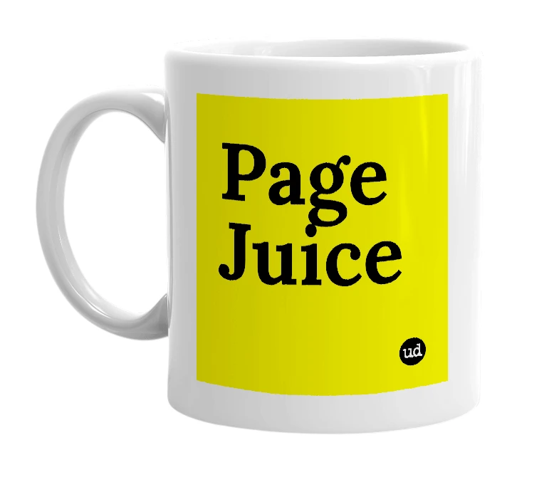 White mug with 'Page Juice' in bold black letters