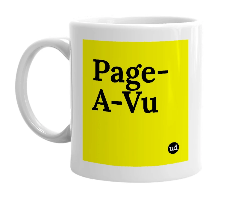 White mug with 'Page-A-Vu' in bold black letters