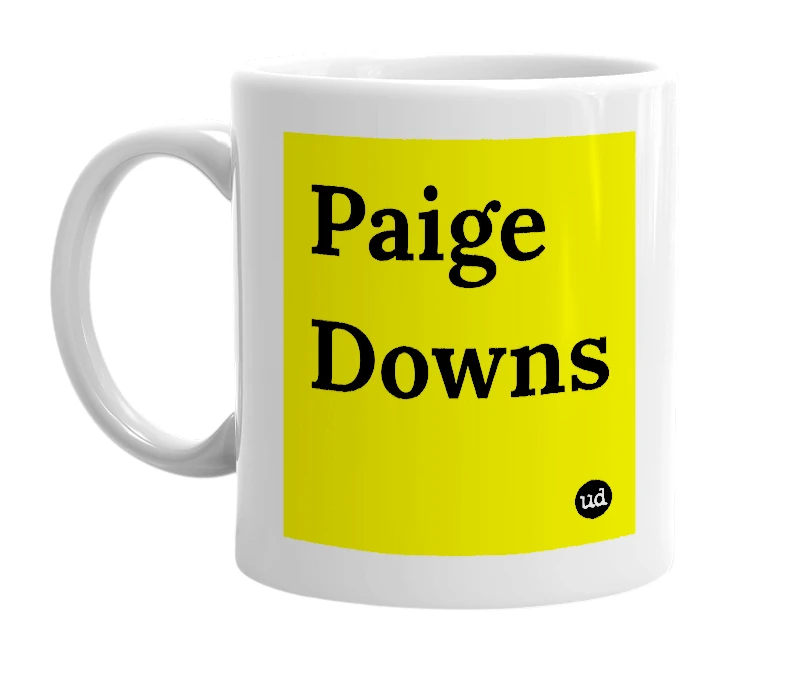 White mug with 'Paige Downs' in bold black letters