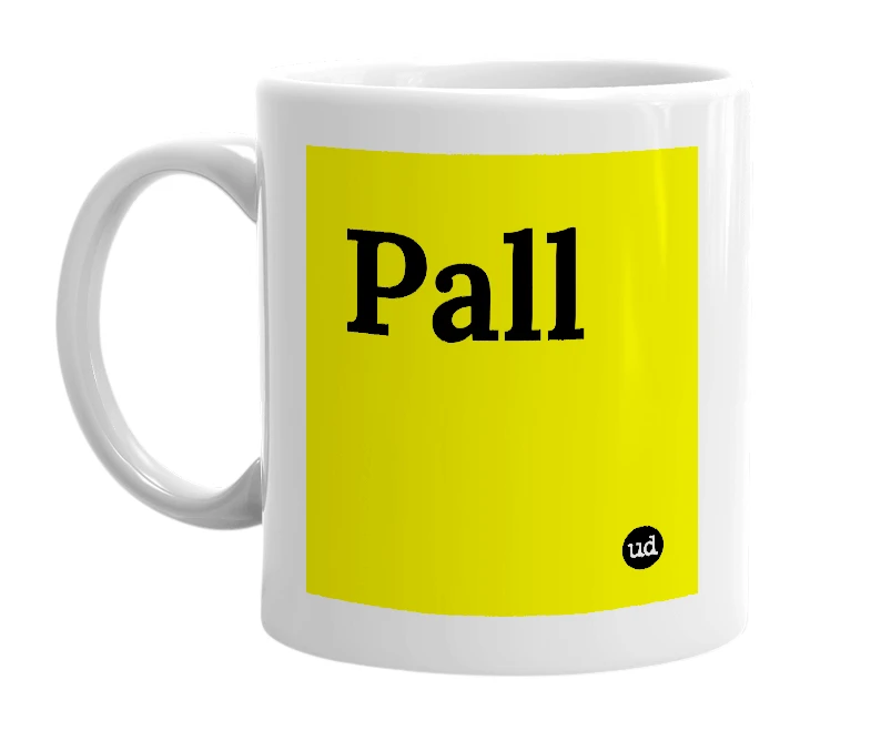 White mug with 'Pall' in bold black letters
