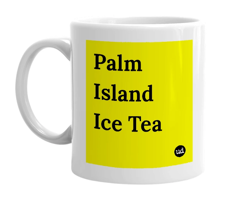 White mug with 'Palm Island Ice Tea' in bold black letters
