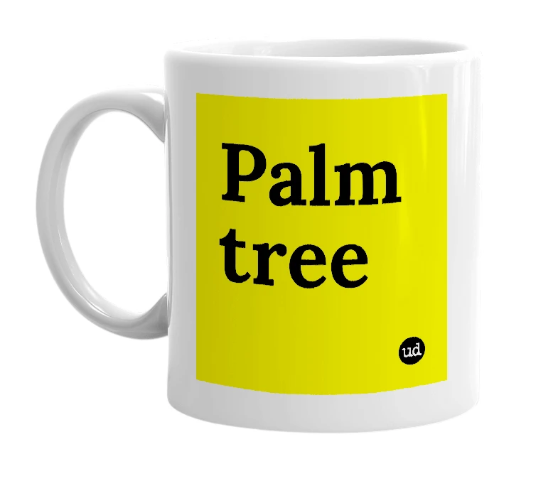 White mug with 'Palm tree' in bold black letters