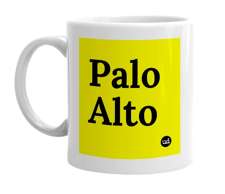 White mug with 'Palo Alto' in bold black letters