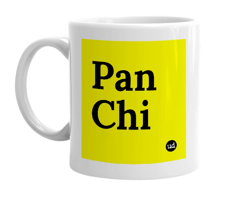 White mug with 'Pan Chi' in bold black letters