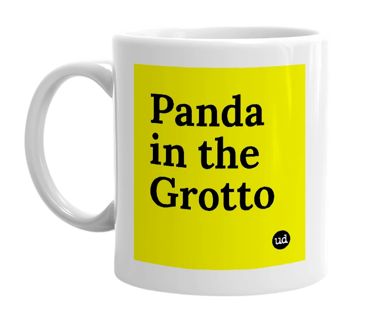 White mug with 'Panda in the Grotto' in bold black letters