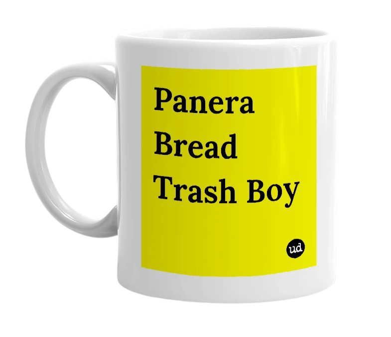 White mug with 'Panera Bread Trash Boy' in bold black letters