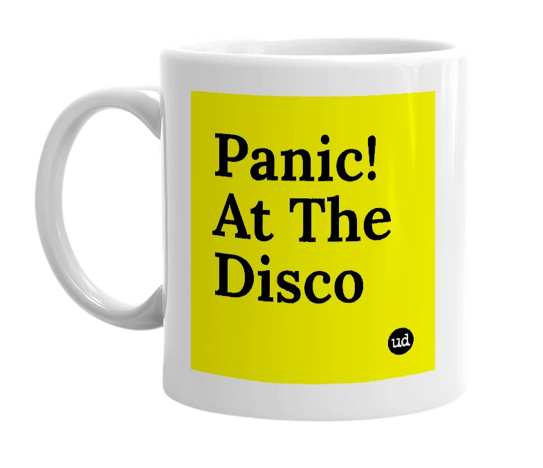 White mug with 'Panic! At The Disco' in bold black letters