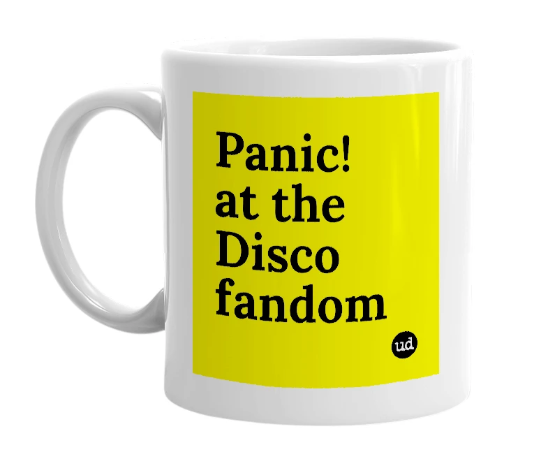 White mug with 'Panic! at the Disco fandom' in bold black letters