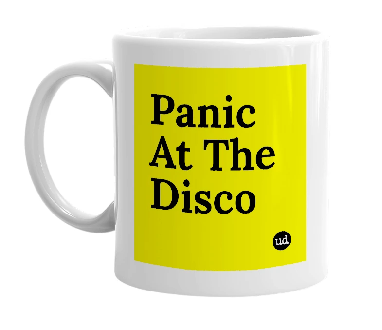 White mug with 'Panic At The Disco' in bold black letters