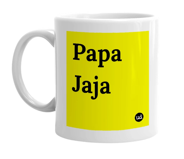 White mug with 'Papa Jaja' in bold black letters