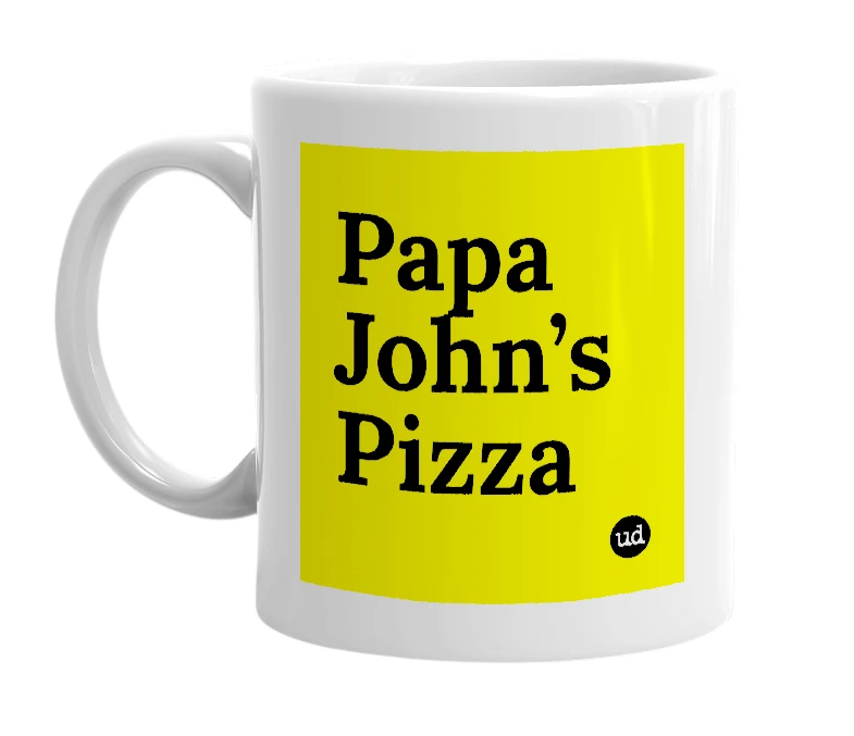 White mug with 'Papa John’s Pizza' in bold black letters