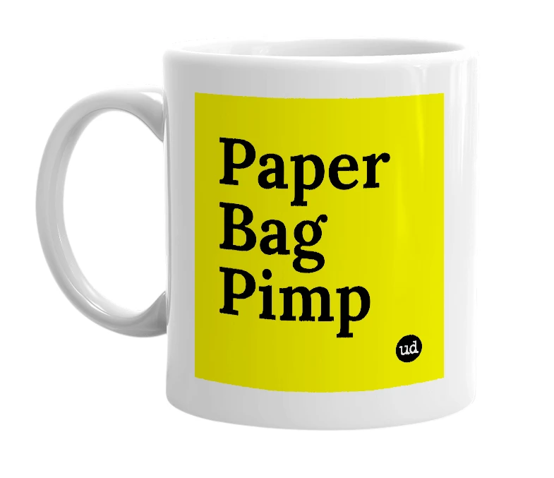 White mug with 'Paper Bag Pimp' in bold black letters