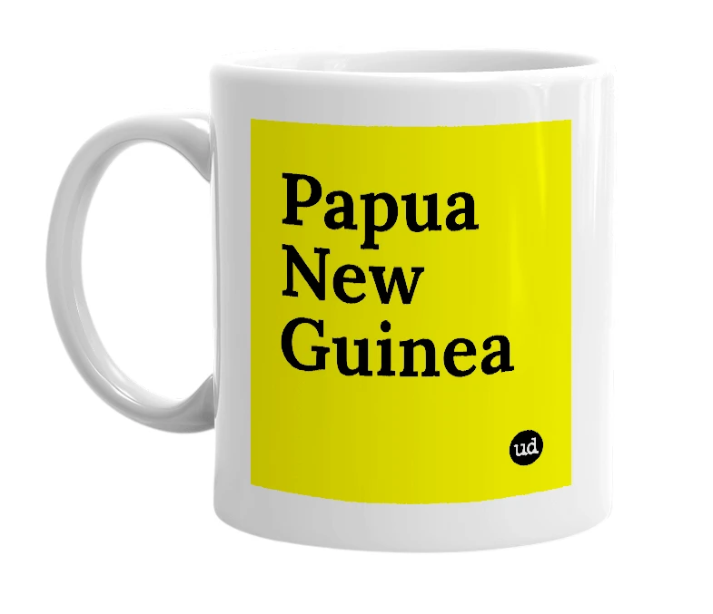 White mug with 'Papua New Guinea' in bold black letters