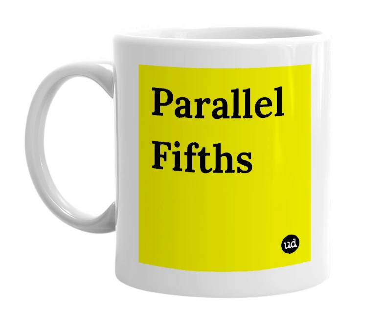 White mug with 'Parallel Fifths' in bold black letters
