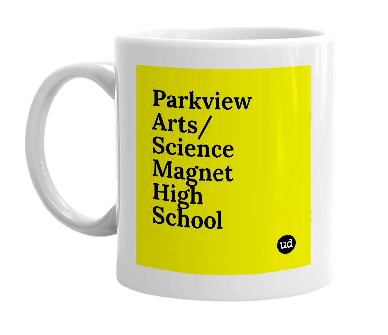 White mug with 'Parkview Arts/Science Magnet High School' in bold black letters