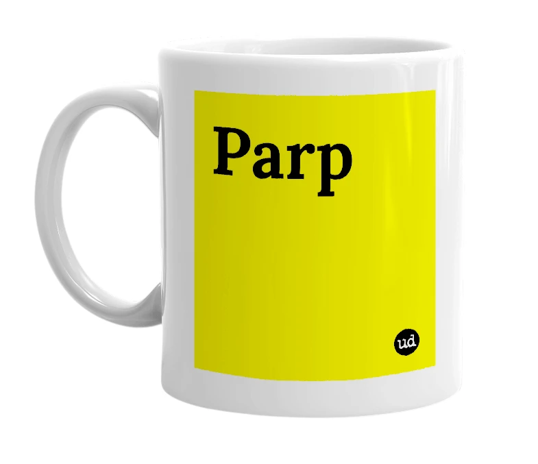 White mug with 'Parp' in bold black letters