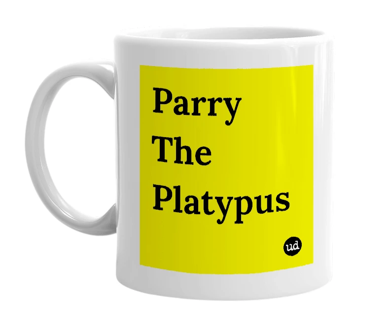 White mug with 'Parry The Platypus' in bold black letters