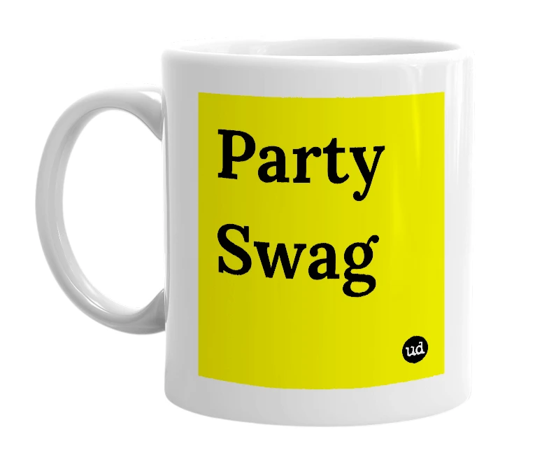 White mug with 'Party Swag' in bold black letters