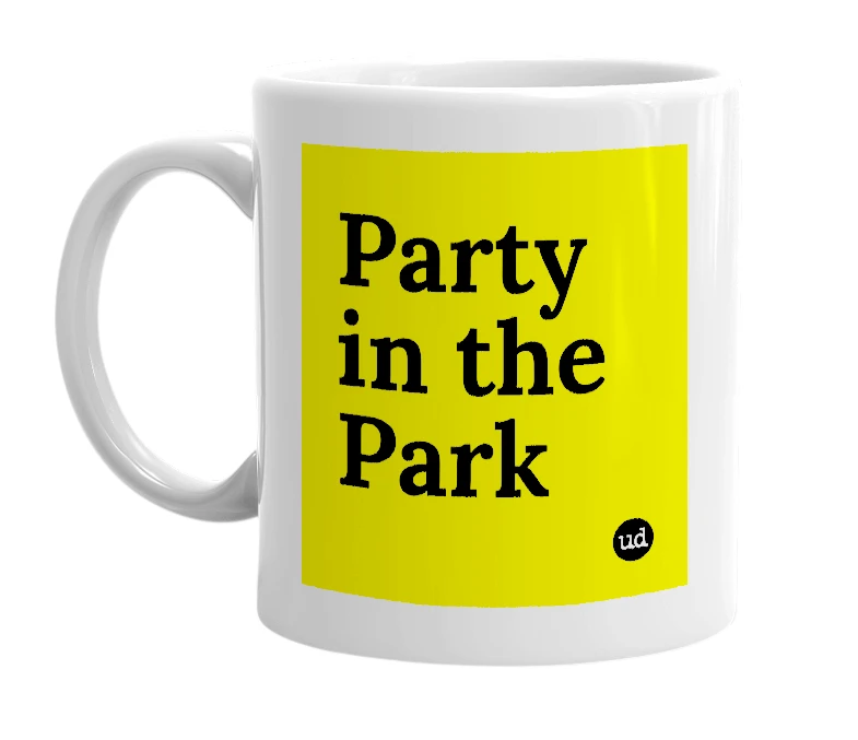 White mug with 'Party in the Park' in bold black letters