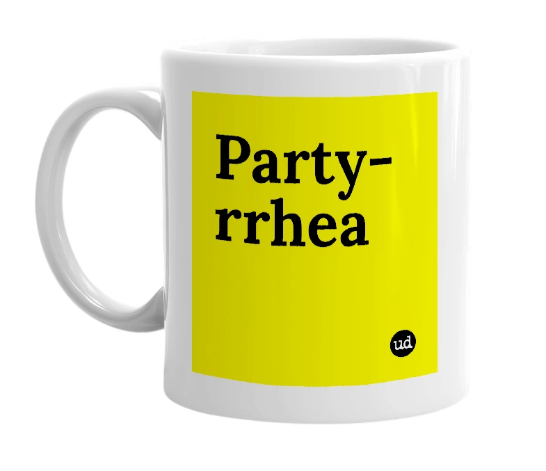 White mug with 'Party-rrhea' in bold black letters