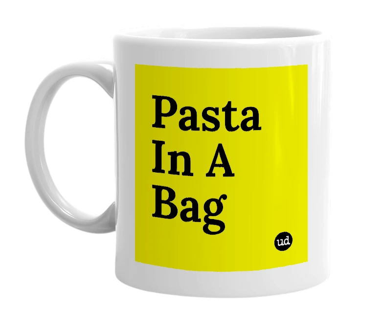 White mug with 'Pasta In A Bag' in bold black letters