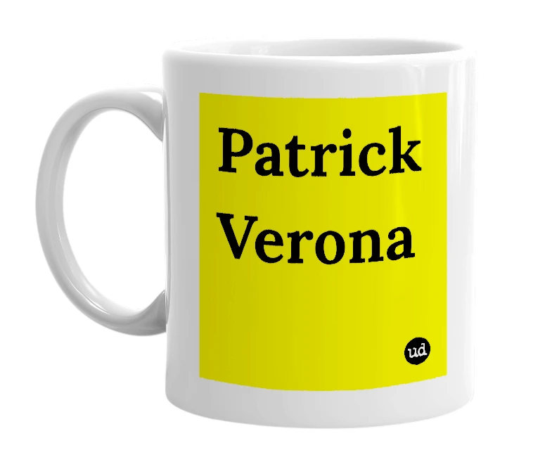 White mug with 'Patrick Verona' in bold black letters
